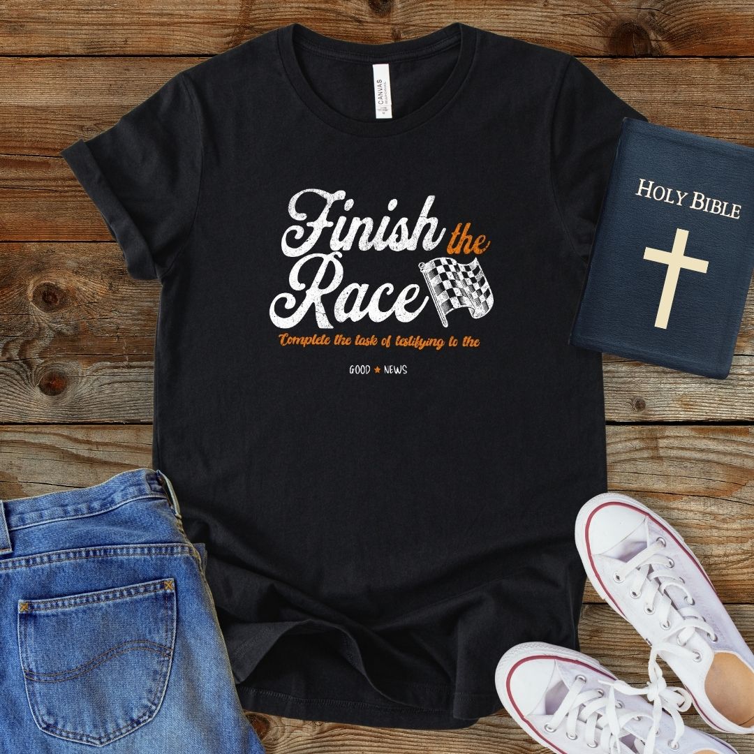 a t - shirt that says finish the race with a cross on it