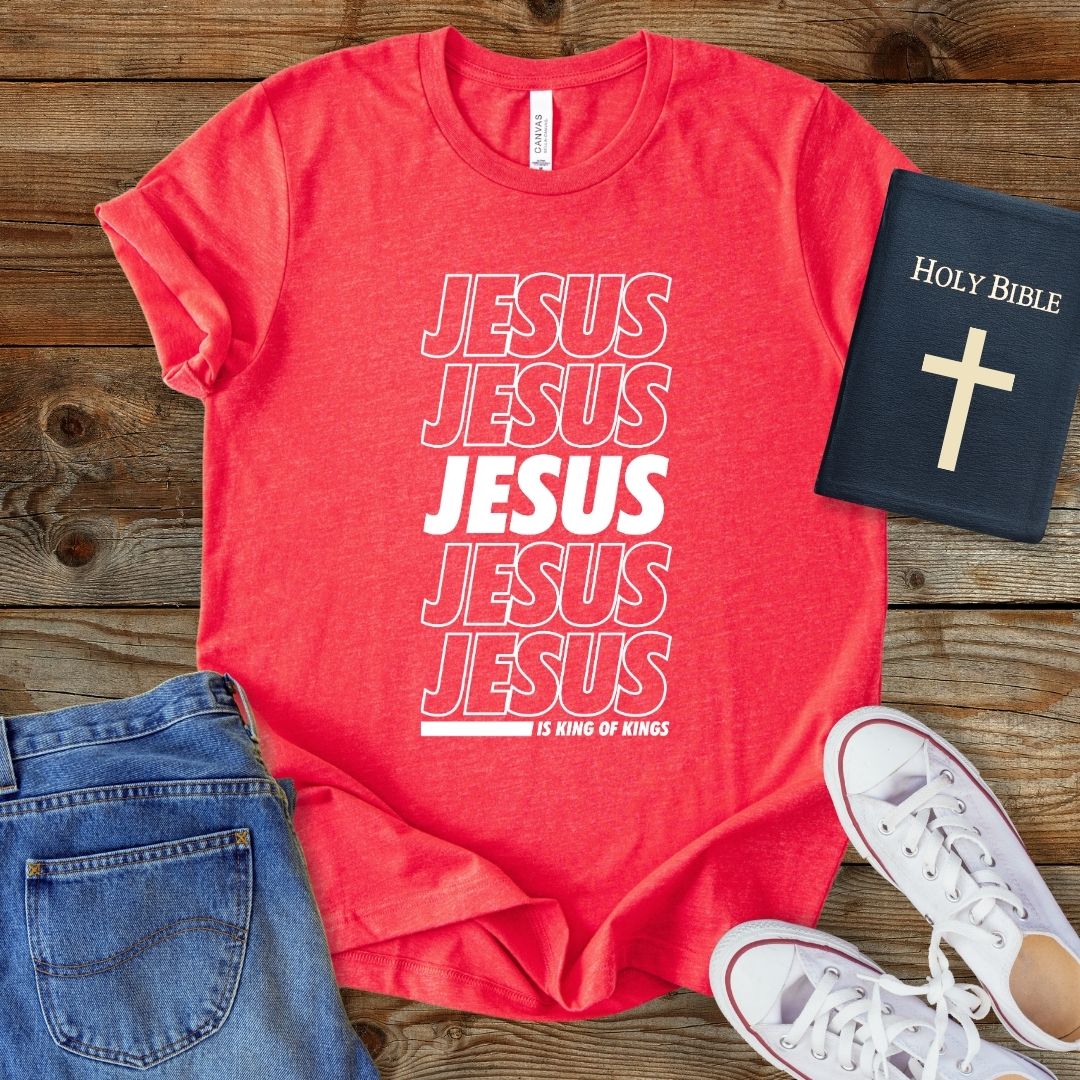 a red t - shirt with the words jesus jesus jesus on it