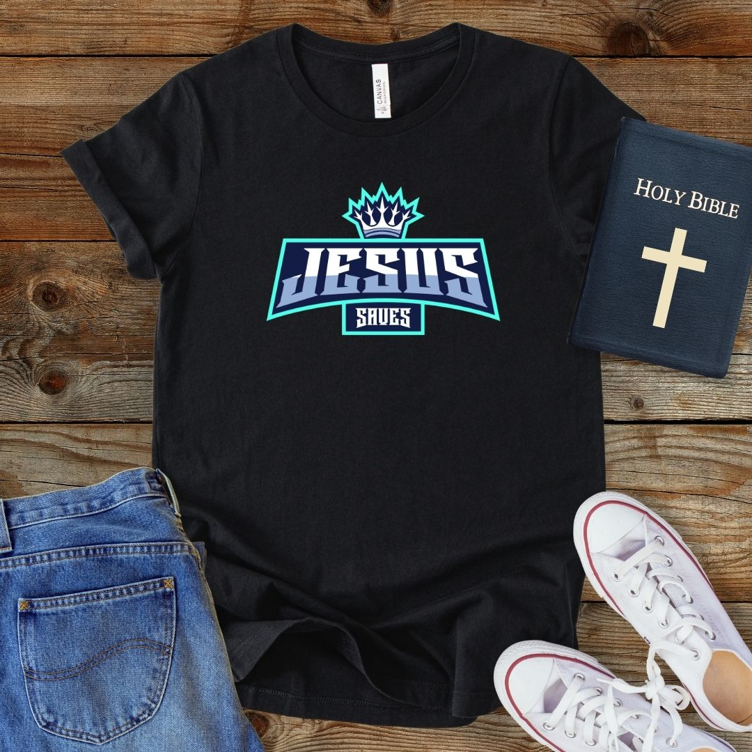 a t - shirt with the word jesus shoes on it