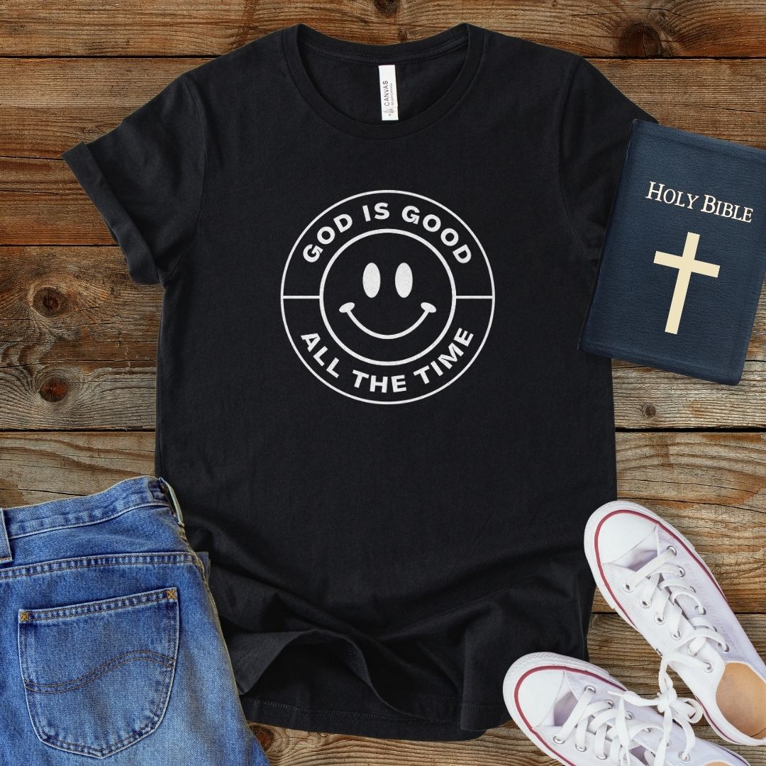 a t - shirt that says god is good all the time