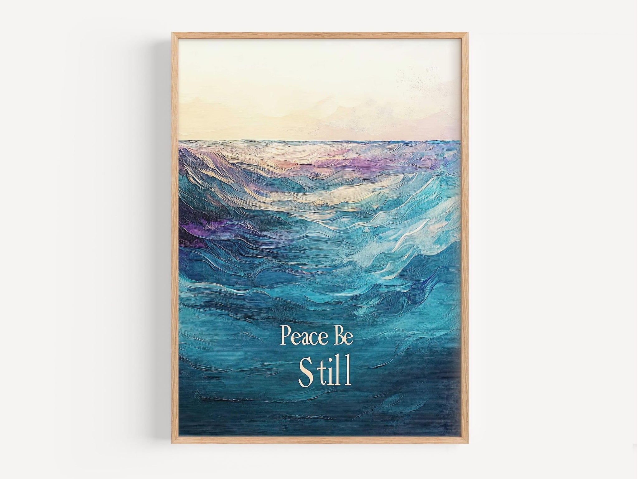 a painting of a blue ocean with the words peace be still