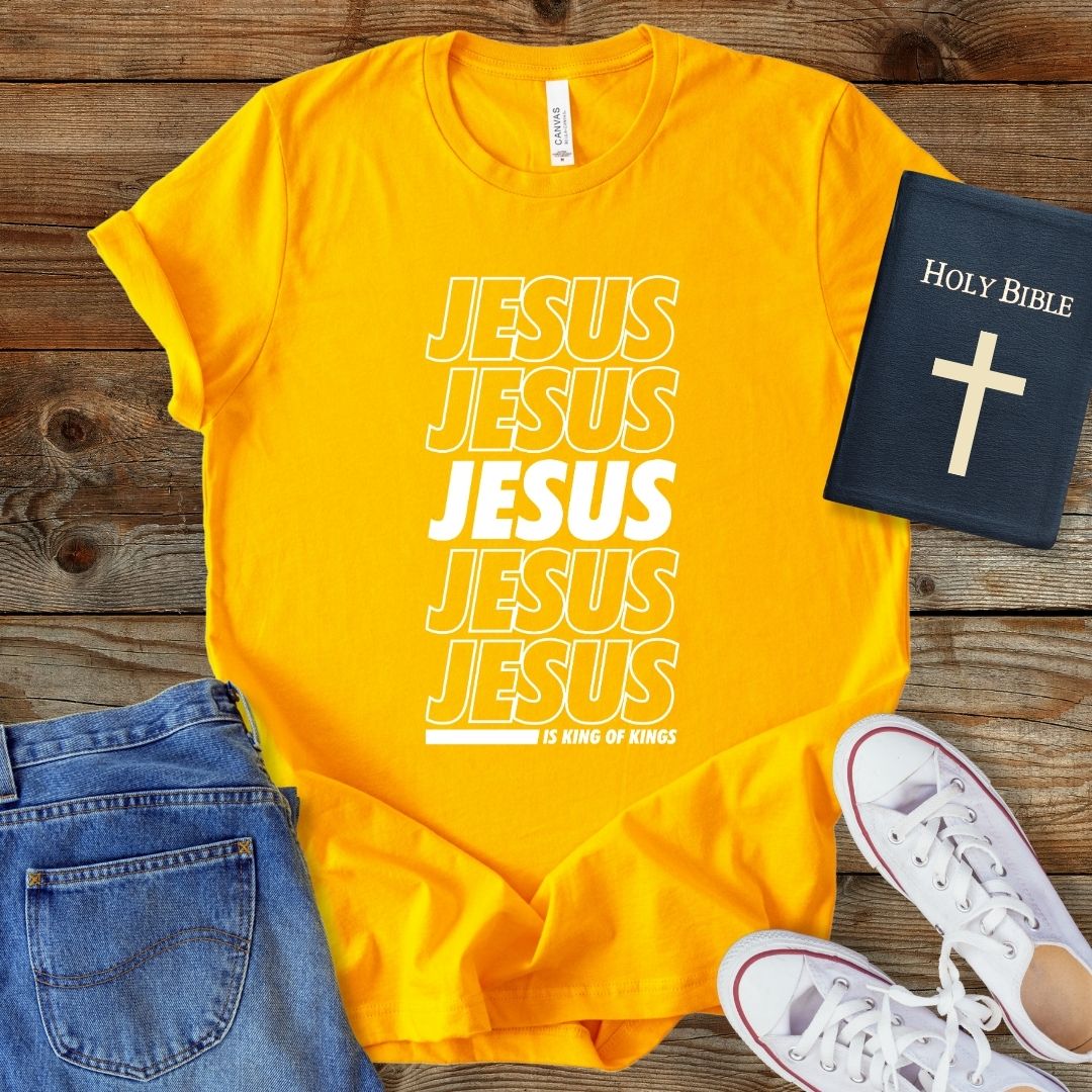 a yellow t - shirt with the words jesus jesus jesus on it